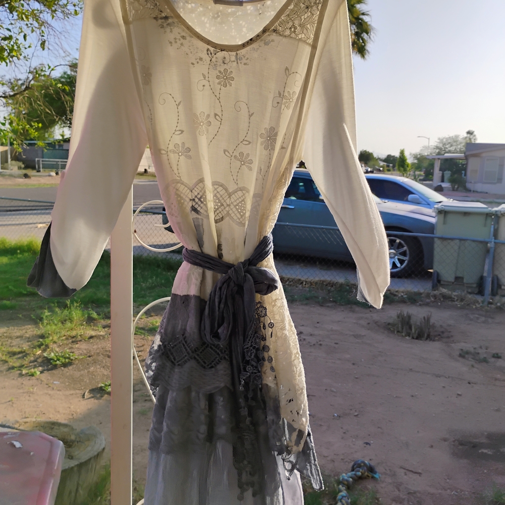 Elegant Cream and Gray Embroidered Dress
